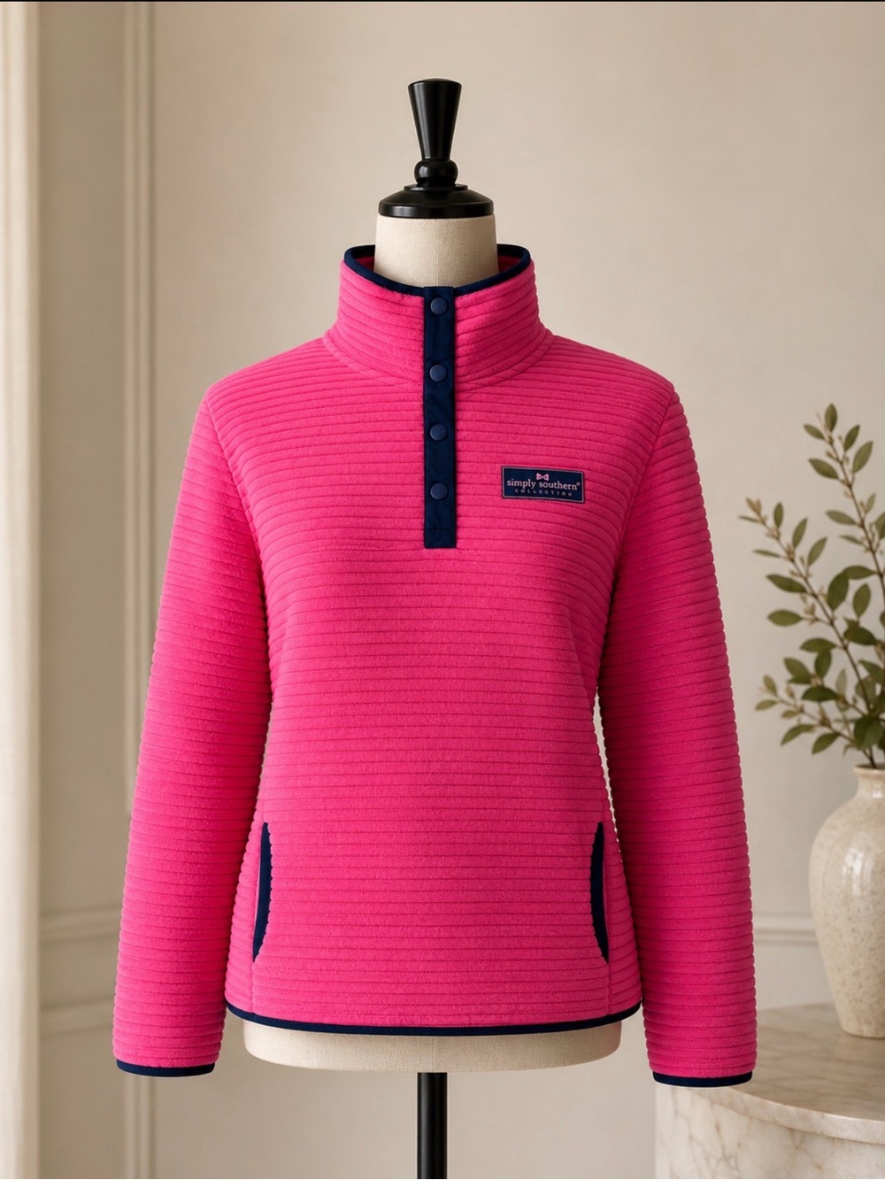Simply Southern Hot Pink Quilted Snap-Front Pullover with Navy Trim